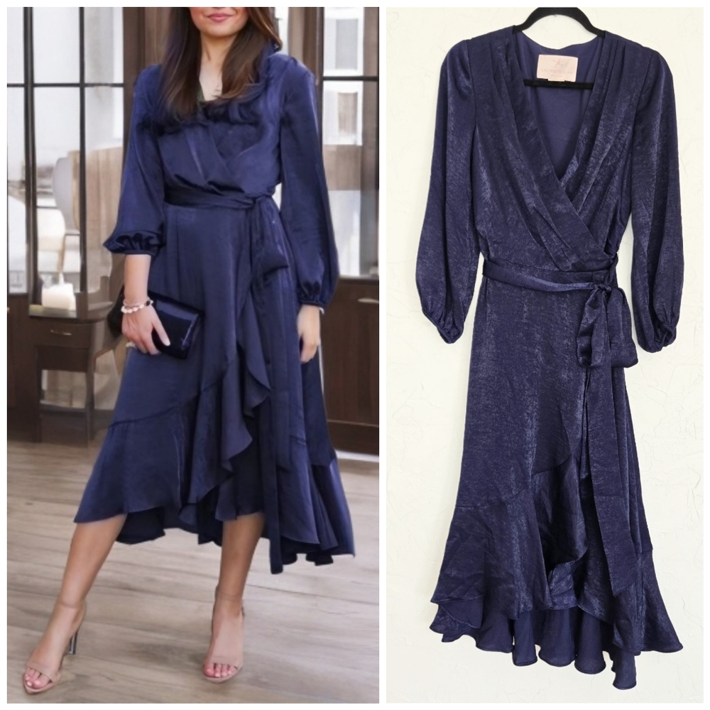 Gal Meets Glam Jennifer Shimmer Satin Midnight Blue Wrap Dress, 4